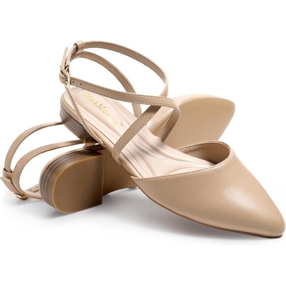 Women's Nude Pointed Toe With Adjustable Ankle Strap Dressy Slingback Flats - Picture 2 of 6